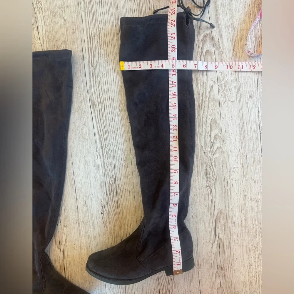 Over-the-Knee Pull on Low Heel Grey Boots with Tie top detail 6
